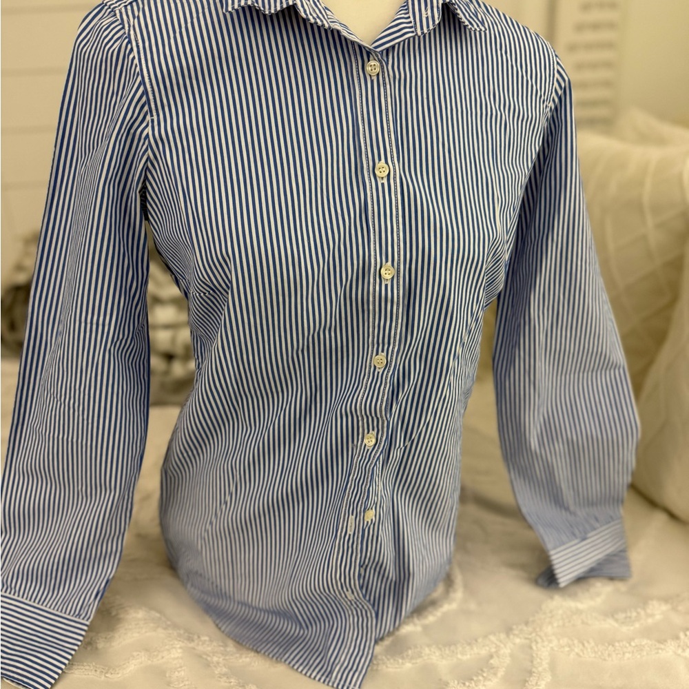 J. Crew Blue and White Striped Button-Up Dress Shirt